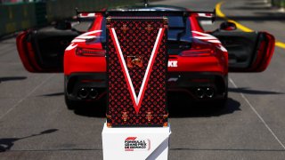 The Race winner trophy is seen in a Louis Vuitton trunk on the grid prior to the F1 Grand Prix of Monaco at Circuit de Monaco on May 26, 2024 in Monte-Carlo, Monaco. 