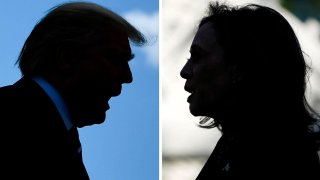 President Donald Trump talks to the press before departing from the South Lawn of the White House on July 19, 2019, in Washington, DC (L), and Democratic presidential nominee and U.S. Vice President Kamala Harris speaks to mark the one year anniversary of the Oct. 7 Hamas attacks on Israel, at the U.S. Vice President’s residence at the U.S. Naval Observatory in Washington, U.S., October 7, 2024.