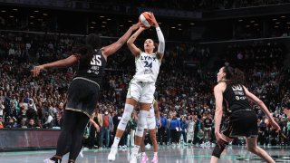 Napheesa Collier, #24 of the Minnesota Lynx, scores the game-winning basket during the game against the New York Liberty in Game 1 of the 2024 WNBA Finals at Barclays Center in Brooklyn, New York, on Oct. 10, 2024.