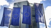 European flags flutter in front of the European Central Bank (ECB) building prior to a news conference following the meeting of the governing council of the ECB in Frankfurt/Main, Germany, on September 12, 2024. 