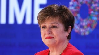 International Monetary Fund (IMF) Managing Director Kristalina Georgieva speaks during a press briefing on “Global Policy Agenda” at the IMF headquarters on April 18, 2024 in Washington, DC. 