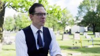 Victor M. Sweeney in a cemetery in Warren, Minnesota.