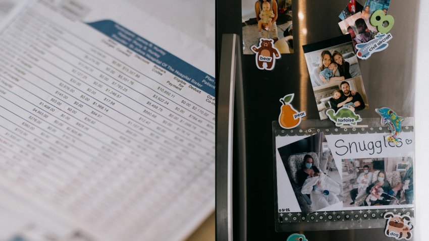 Photos from the hospital are pinned to the fridge at the Hurley house.