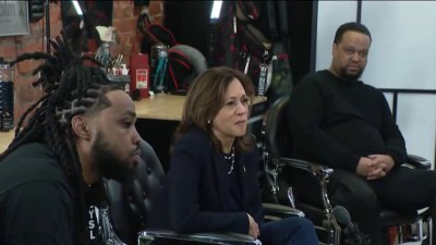 Harris stopped at a barber shop, bookstore and Puerto Rican restaurant in Pa.