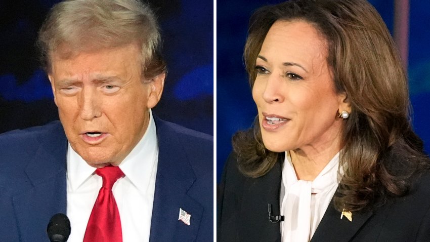 This combination of photos shows Republican presidential nominee former President Donald Trump, left, and Democratic presidential nominee Vice President Kamala Harris during an ABC News presidential debate at the National Constitution Center, Tuesday, Sept. 10, 2024, in Philadelphia.