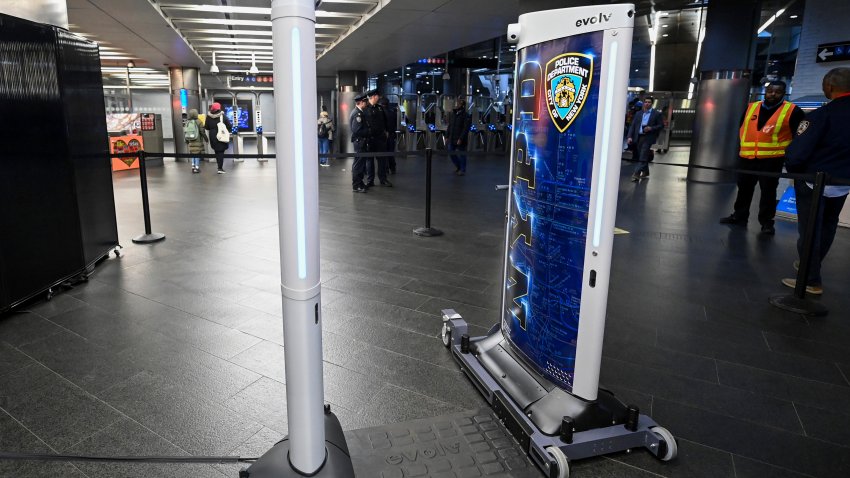 FILE – In this image provided by The Metropolitan Transportation Authority (MTA), new weapon detectors that can be deployed at subway entrances are displayed during a news conference in New York, March 28, 2024.