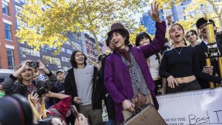 Miles Mitchell, 21, winner of the Timothee Chalamet lookalike contest near Washington Square Park, Sunday, Oct. 27, 2024, in New York. (AP Photo/Stefan Jeremiah)