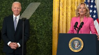 First lady Jill Biden speaks as President Joe Biden listen during a National Arts and Humanities Reception in the East Room at the White House in Washington, Monday, Oct. 21, 2024.