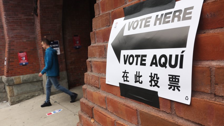 People walk out of a Brooklyn polling precinct at a YMCA where a variety of races and ballot questions in general elections are being held across the state on November 07, 2023 in New York City. State Supreme Court, the New York City Council and numerous mayors and county executive races will be decided in today's elections. (Photo by Spencer Platt/Getty Images)