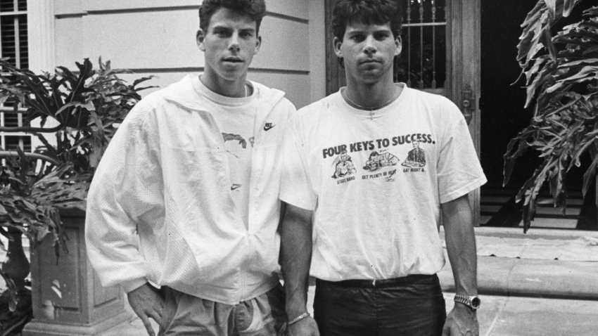 Erik Menendez, left, and is brother Lyle, in front of their Beverly Hills home. They are prime suspects in their parents murder.