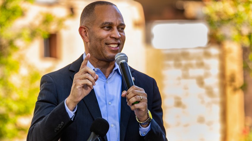 Representative Hakeem Jeffries, a Democrat from New York, speaks during a news conference on Project 2025 at Casa de Bueno in Albuquerque, New Mexico, US, on Thursday, Oct. 3, 2024. Democratic Representative Gabe Vasquez aired English and Spanish-language ads emphasizing a bipartisan approach to bolstering border security as he faces Republican opponent Yvette Herrell, while Republicans note he voted against the GOP border bill. Photographer: Anna Padilla/Bloomberg via Getty Images