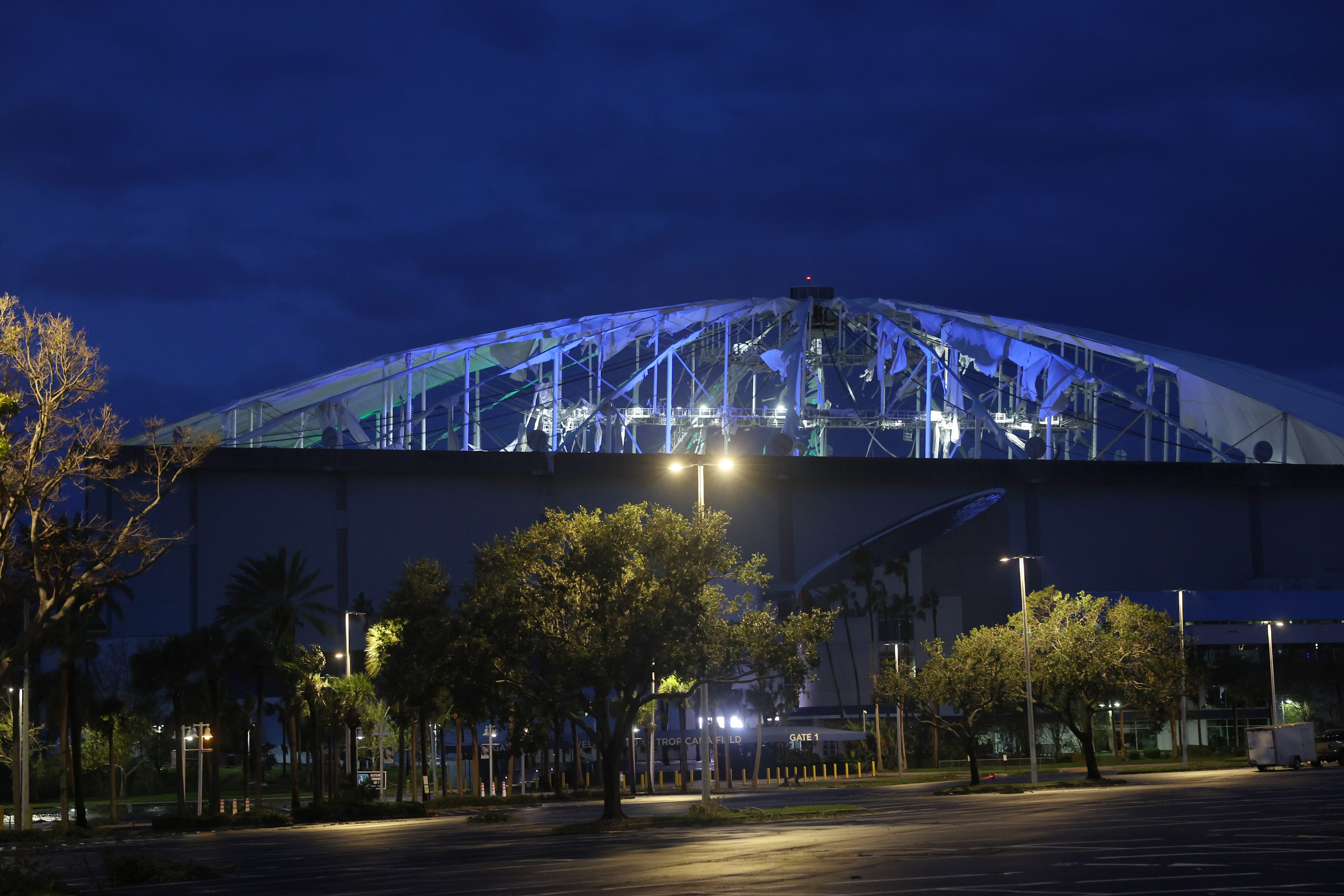 The roof at Tropicana Field, the home of the Tampa Bay Rays, sustained major damage because of high winds associated with Hurricane Milton on October 10, 2024 in St. Petersburg, Florida.