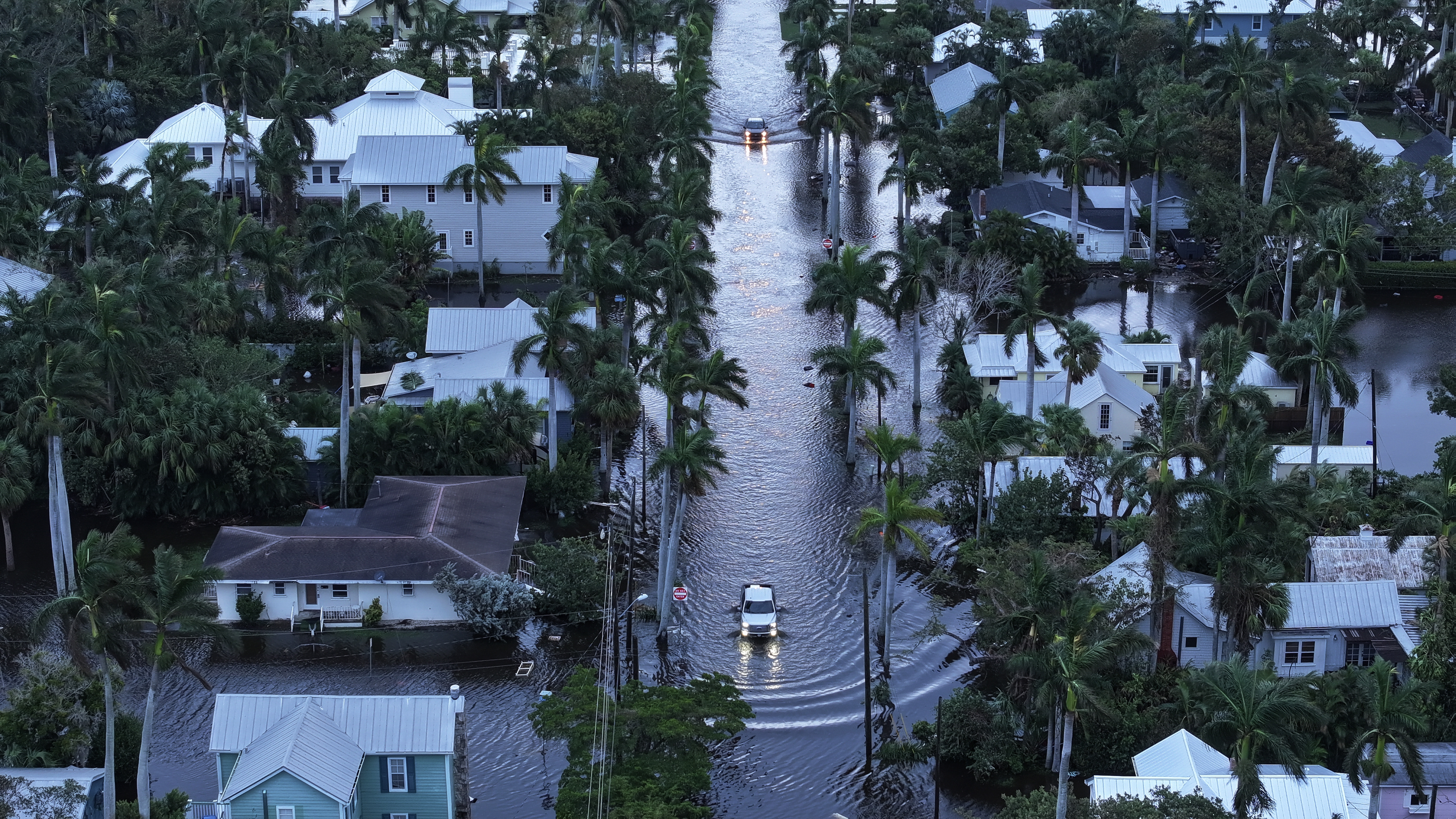 In this aerial view, Flood waters inundate a neighborhood after Hurricane Milton came ashore on October 10, 2024, in Punta Gorda, Florida.