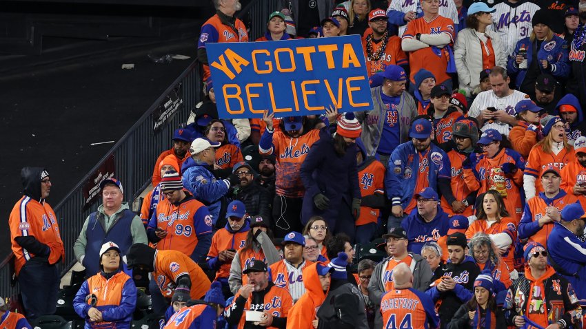 A fan holds a sign during Game Three of the National League Championship Series between the Los Angeles Dodgers and New York Mets at Citi Field on October 16, 2024 in New York City. (Photo by Elsa/Getty Images)