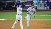 LOS ANGELES, CALIFORNIA – OCTOBER 25: Freddie Freeman #5 of the Los Angeles Dodgers reacts after Gleyber Torres #25 of the New York Yankees hit a double in the ninth inning during Game One of the 2024 World Series at Dodger Stadium on October 25, 2024 in Los Angeles, California.