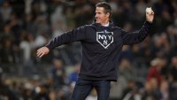 Oct 17, 2019; Bronx, NY, USA; New York Yankees former player Paul O’Neill throws out a ceremonial first pitch before game four of the 2019 ALCS playoff baseball series between the New York Yankees and the Houston Astros at Yankee Stadium. . Mandatory Credit: Brad Penner-USA TODAY Sports