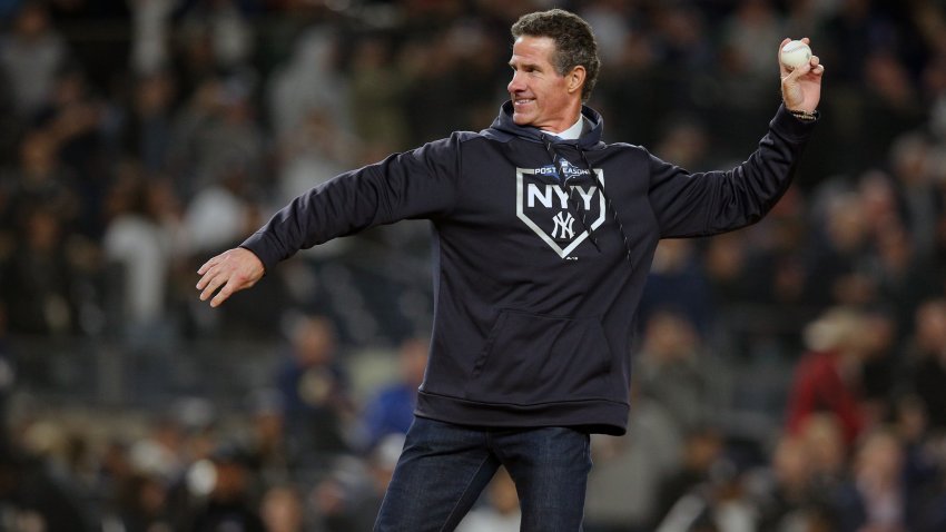 Oct 17, 2019; Bronx, NY, USA; New York Yankees former player Paul O’Neill throws out a ceremonial first pitch before game four of the 2019 ALCS playoff baseball series between the New York Yankees and the Houston Astros at Yankee Stadium. . Mandatory Credit: Brad Penner-USA TODAY Sports