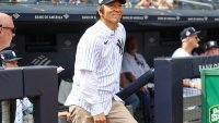 Sep 9, 2023; Bronx, New York, USA;  Former New York Yankees outfielder Hideki Matsui at Old Timer’s Day before the game against the Milwaukee Brewers at Yankee Stadium. Mandatory Credit: Wendell Cruz-USA TODAY Sports