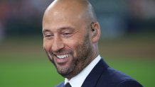 Oct 16, 2023; Houston, Texas, USA; Derek Jeter appears on the Fox pregame show before game two between the Texas Rangers and the Houston Astros of the ALCS for the 2023 MLB playoffs at Minute Maid Park. Mandatory Credit: Thomas Shea-USA TODAY Sports