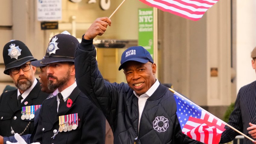 Nov 11, 2023; New York, New York, USA; NYC Mayor Eric Adams marches in the NYC Veterans Day Parade. Mandatory Credit: Robert Deutsch-USA TODAY