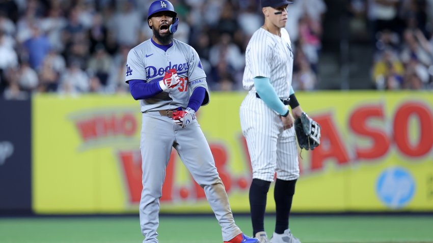 Jun 7, 2024; Bronx, New York, USA; Los Angeles Dodgers left fielder Teoscar Hernandez (37) reacts after his two run double against the New York Yankees during the eleventh inning at Yankee Stadium. Mandatory Credit: Brad Penner-USA TODAY Sports