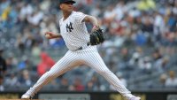 Sep 28, 2024; Bronx, New York, USA; New York Yankees starting pitcher Luis Gil (81) pitches against the Pittsburgh Pirates during the second inning at Yankee Stadium. Mandatory Credit: Brad Penner-Imagn Images