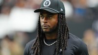 Sep 29, 2024; Paradise, Nevada, USA; Las Vegas Raiders wide receiver Davante Adams (17) walks the sideline before the start of a game between the Raiders and the Cleveland Browns at Allegiant Stadium. Mandatory Credit: Stephen R. Sylvanie-Imagn Images