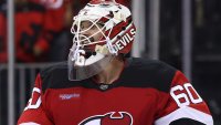 Sep 30, 2024; Newark, New Jersey, USA; New Jersey Devils goaltender Jeremy Brodeur (60) celebrates the Devils win over the New York Rangers at Prudential Center. Mandatory Credit: Ed Mulholland-Imagn Images