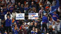 Oct 8, 2024; New York City, New York, USA; Fans celebrate after the New York Mets defeat the Philadelphia Phillies in game three of the NLDS for the 2024 MLB Playoffs at Citi Field. Mandatory Credit: Vincent Carchietta-Imagn Images