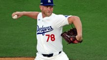 Oct 20, 2024; Los Angeles, California, USA; Los Angeles Dodgers pitcher Ben Casparius (78) pitches during the second inning against the New York Mets during game six of the NLCS for the 2024 MLB playoffs at Dodger Stadium. Mandatory Credit: Kiyoshi Mio-Imagn Images