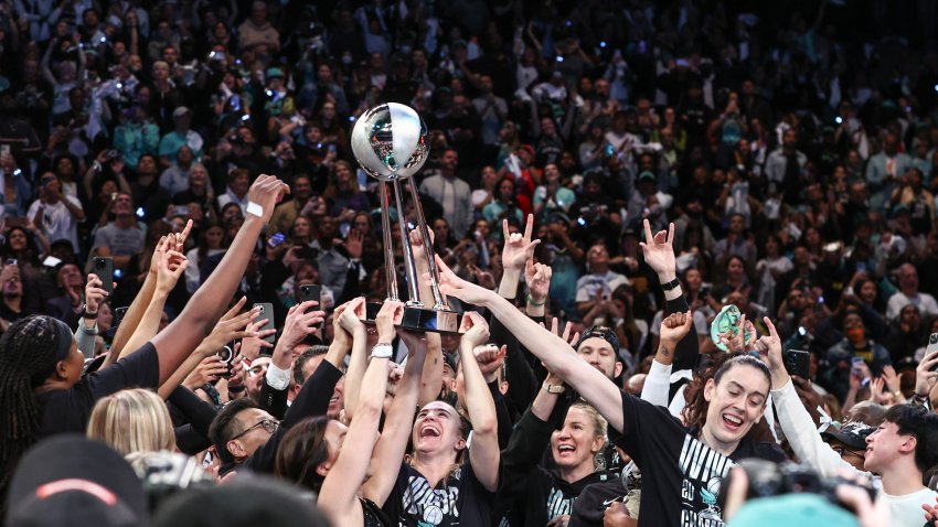 Oct 20, 2024; Brooklyn, New York, USA; The New York Liberty celebrate after winning the 2024 WNBA Finals at Barclays Center. Mandatory Credit: Wendell Cruz-Imagn Images