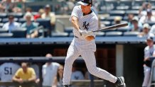 Jun 23, 2013; Bronx, NY, USA;  New York Yankees former right fielder Paul O'Neill at bat during the old timers day game at Yankee Stadium before the game between the New York Yankees and the Tampa Bay Rays.  Mandatory Credit: Anthony Gruppuso-USA TODAY Sports