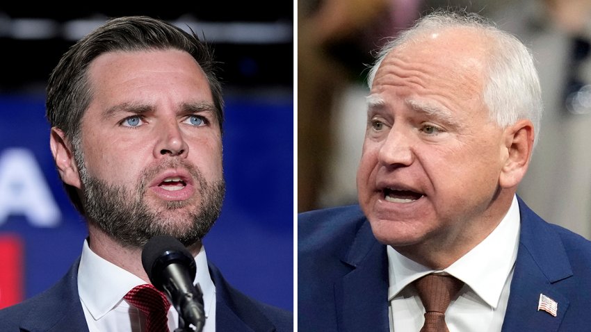 Republican vice presidential nominee Sen. JD Vance, R-Ohio, left, and Democratic vice presidential nominee Minnesota Gov. Tim Walz, right.