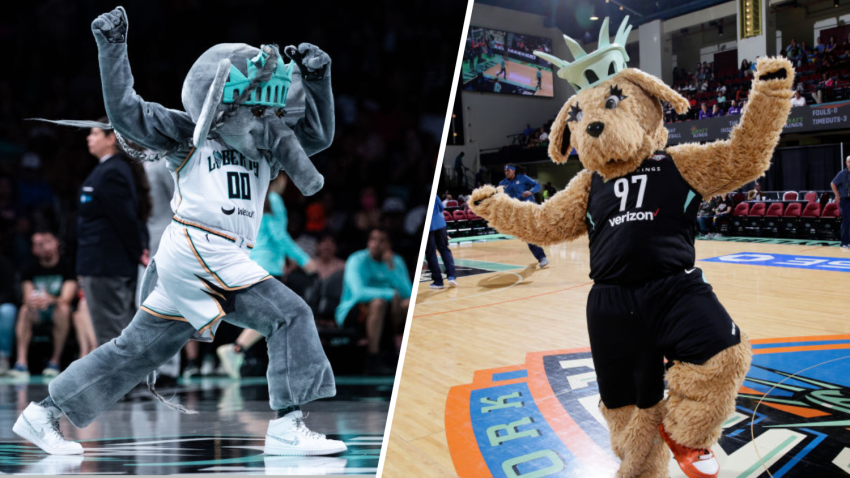 A spilt picture showing Ellie the Elephant and Maddie, the original NY Liberty mascot.