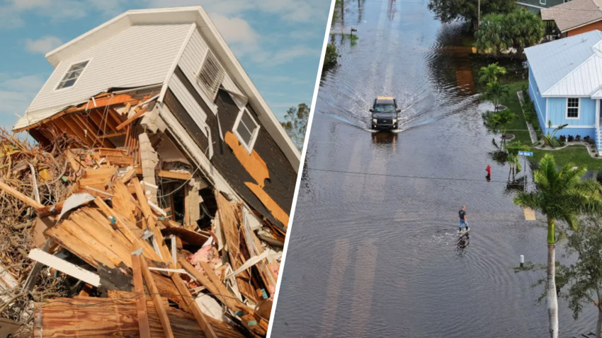 A destroyed home after Hurricane Milton in St. Pete Beach, left, and flood waters that inundated a neighborhood in Punta Gorda.