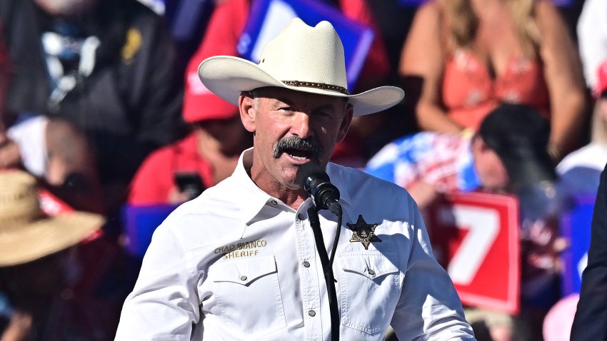 Riverside County Sheriff Chad Bianco addresses supporters of US President and Republican presidential candidate Donald Trump during a rally in Coachella, California on October 12, 2024. (Photo by Frederic J. BROWN / AFP) (Photo by FREDERIC J. BROWN/AFP via Getty Images)