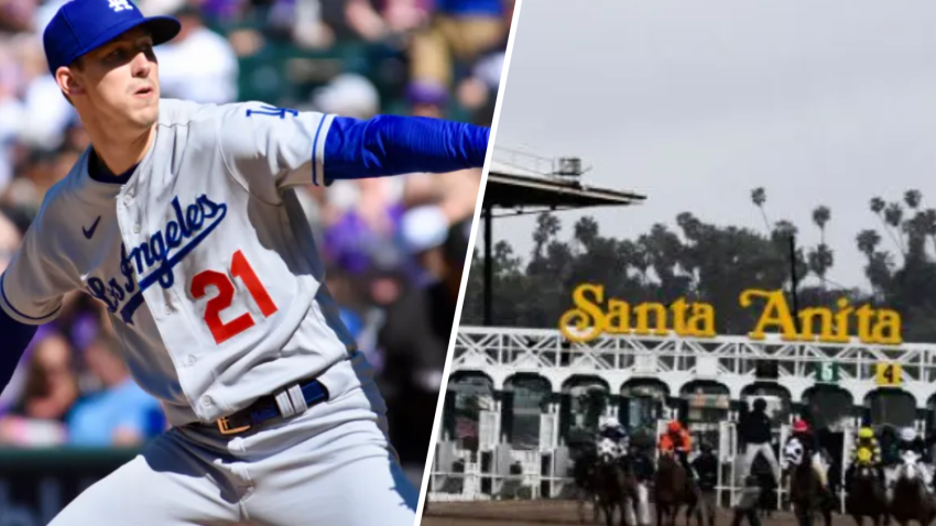 Dodgers pitcher Walker Buehler is pictured alongside a view of Santa Anita Park in Arcadia.