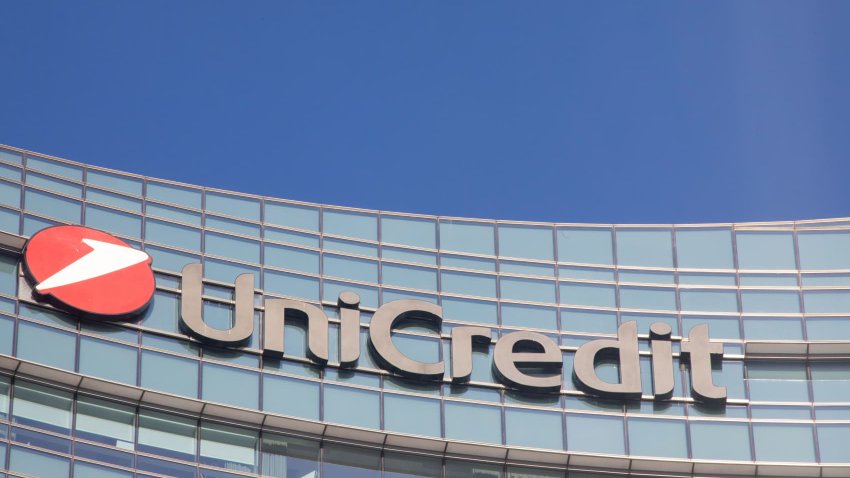 A logo on the UniCredit SpA headquarters in Milan, Italy, on Saturday Jan. 22, 2022.