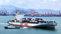 A foreign trade container ship is leaving the dock at Qingdao Port in Qingdao, China, on June 7, 2024. 