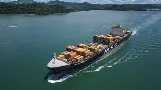 A cargo ship leaves the Panama Canal in Panama City on June 17, 2024.