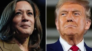 This combination of file photos shows Democratic presidential nominee Vice President Kamala Harris, left, speaking at a campaign rally in Las Vegas on Sept. 29, 2024, and Republican presidential nominee former President Donald Trump speaking a town hall campaign event in Warren, Mich., on Sept. 27, 2024.