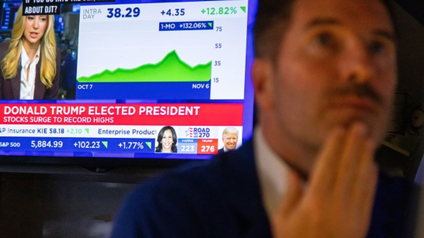 US election news on a screen on the floor of the New York Stock Exchange (NYSE) in New York, US, on Wednesday, Nov. 6, 2024.