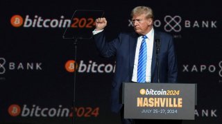 Republican presidential nominee and former U.S. President Donald Trump gestures at the Bitcoin 2024 event in Nashville, Tennessee, U.S., July 27, 2024.