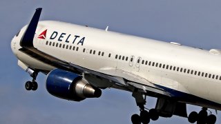 A Boeing 767-332(ER) from Delta Air Lines takes off from Barcelona El Prat Airport in Barcelona, Spain, on October 8, 2024. 