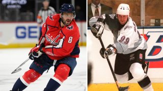 At left, in a Sept. 29, 2021, file photo, Washington Capitals left wing Alex Ovechkin (8) skates during the first period of an NHL preseason hockey game against the New Jersey Devils in Washington. At right, in a Saturday, Jan. 27, 1996, file photo, Los Angeles Kings’ Wayne Gretzky passes during an NHL hockey game against the Mighty Ducks of Anaheim, in Inglewood, Calif.