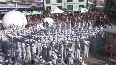 College marching bands prepare for Thanksgiving parade