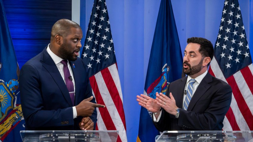 Mondaire Jones and Rep. Mike Lawler speak during the Congressional District 17 election debate hosted by News 12 and moderated by Reporter Tara Rosenblum on Wednesday, Oct. 16, 2024, in Yonkers, N.Y. (AP Photo/Brittainy Newman)