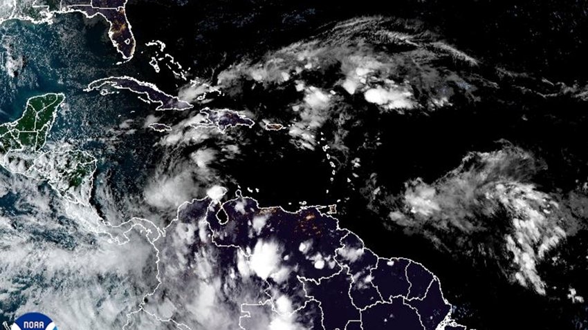 This satellite image provided by NOAA shows weather systems Sunday, Nov. 3, 2024.