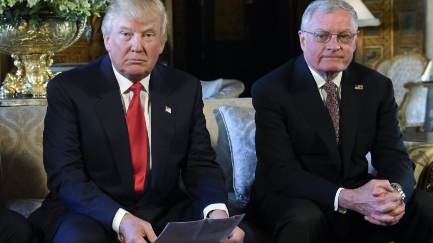 FILE – President Donald Trump, center, sits with retired Army Lt. Gen. Keith Kellogg, right, at Trump’s Mar-a-Lago estate in Palm Beach, Fla., Feb. 20, 2017. President-elect Donald Trump’s choice for defense secretary is still up in the air, but it’s a sure bet he will look to pick a loyalist following his tumultuous first term. (AP Photo/Susan Walsh, File)