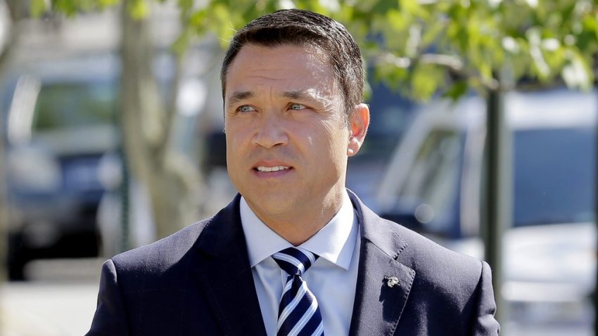 FILE — Former U.S. Rep. Michael Grimm arrives to his polling site in the Staten Island borough of New York, June 26, 2018. (AP Photo/Seth Wenig, File)